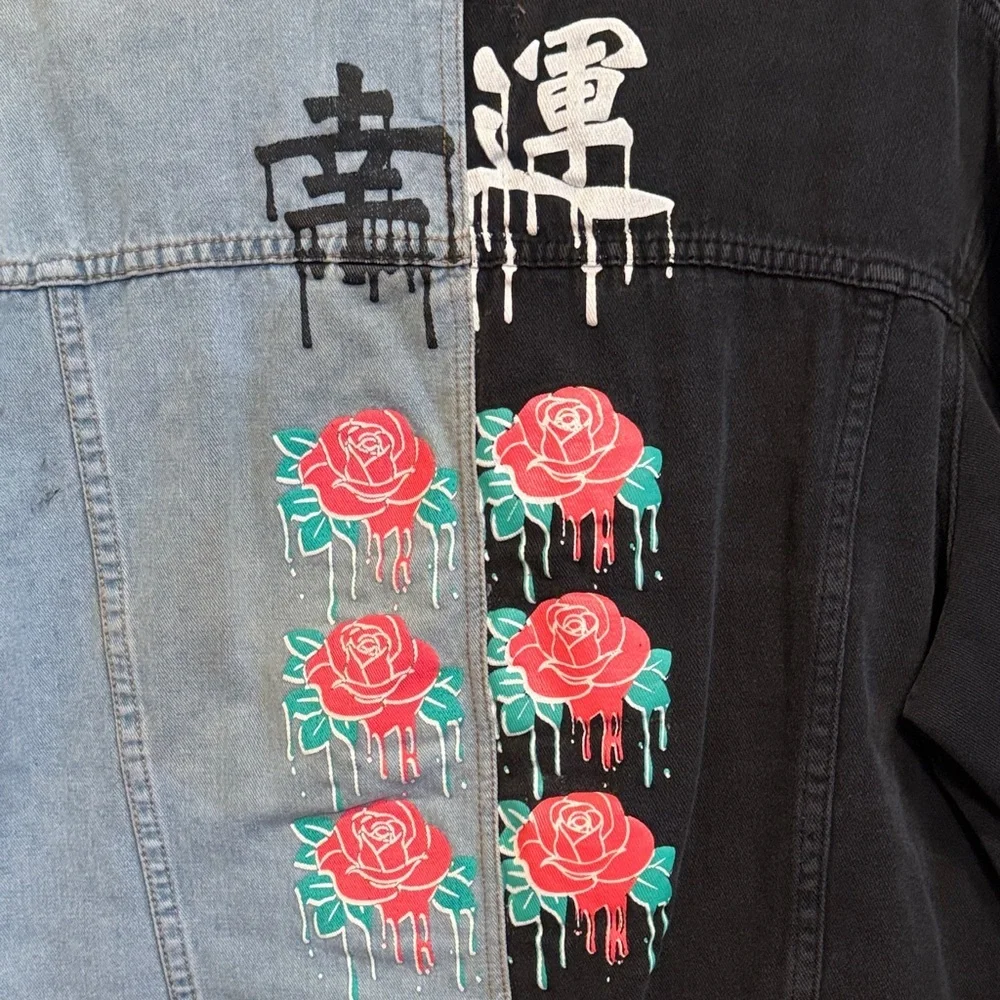 ☯️☯️☯️BOGOHO ☯️☯️☯️Two-Tone Denim Jacket with Graphic Details - Picture 14 of 16